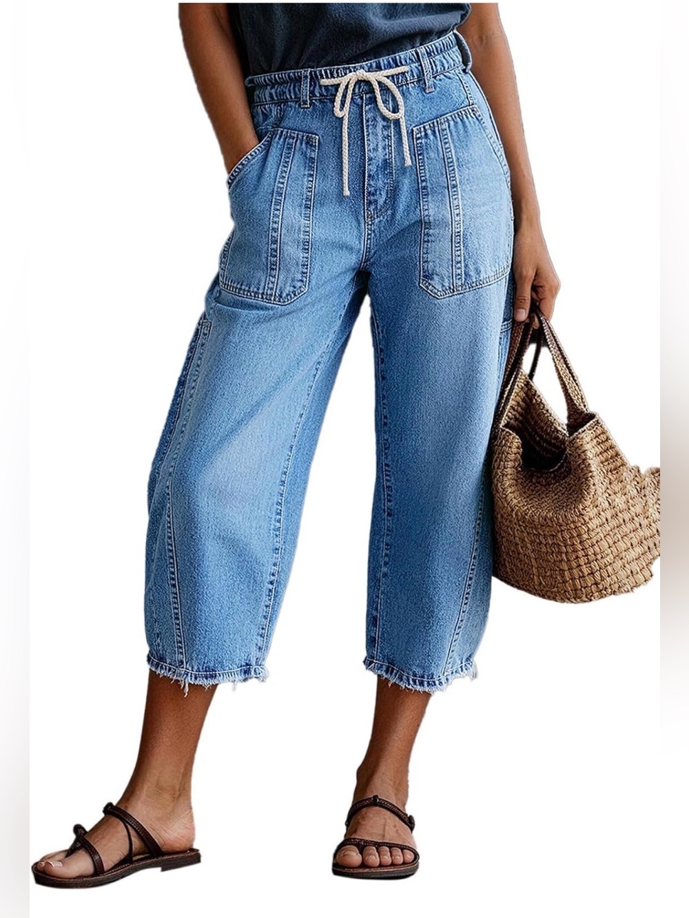 Flamingals Capri Barrel Leg Mid Waist Drawstring Trendy Jeans L PS7-15